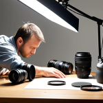 **

A photographer meticulously cleaning the lens of a DSLR camera in a well-lit studio. Various lenses and camera accessories are neatly arranged on a nearby table. The atmosphere is focused and professional, emphasizing the importance of equipment knowledge and preparation. The scene should evoke a sense of precision and attention to detail.

**
