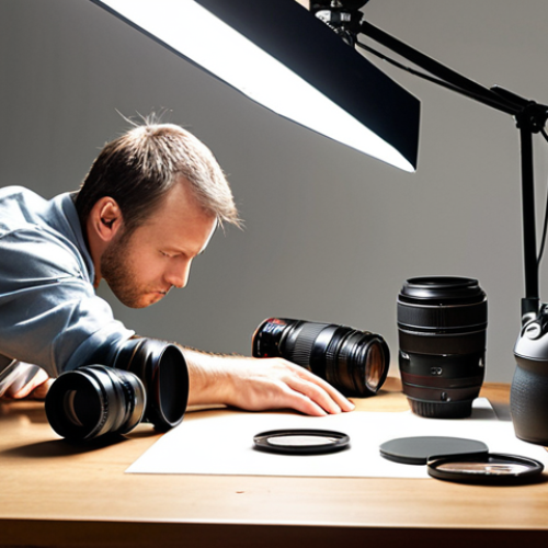 **

A photographer meticulously cleaning the lens of a DSLR camera in a well-lit studio. Various lenses and camera accessories are neatly arranged on a nearby table. The atmosphere is focused and professional, emphasizing the importance of equipment knowledge and preparation. The scene should evoke a sense of precision and attention to detail.

**