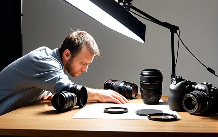 **
A photographer meticulously cleaning the lens of a DSLR camera in a well-lit studio. Various lenses and camera accessories are neatly arranged on a nearby table. The atmosphere is focused and professional, emphasizing the importance of equipment knowledge and preparation. The scene should evoke a sense of precision and attention to detail.
**
