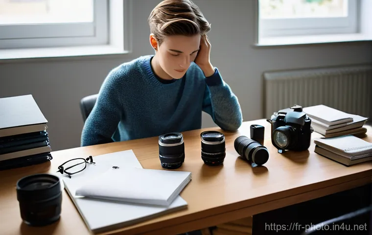 사진 자격증 실기시험 팁 - **Prompt:** A focused young adult photographer (late teens to early twenties, male or female) sits a...