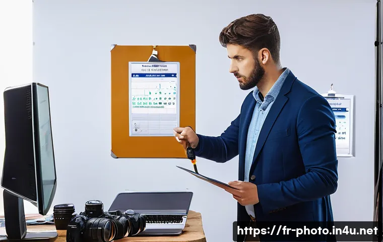 사진 자격증의 유효기간 및 연장 방법 - A professional French photographer in a modern studio setting, reviewing a certificate of photograph...