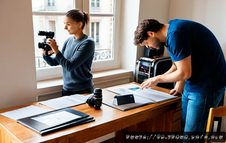 Home 17 사진 자격증으로 프리랜서 되는 법 - Photorealistic freelance photographer in a bright Paris apartment studio, carefully arranging a prof...